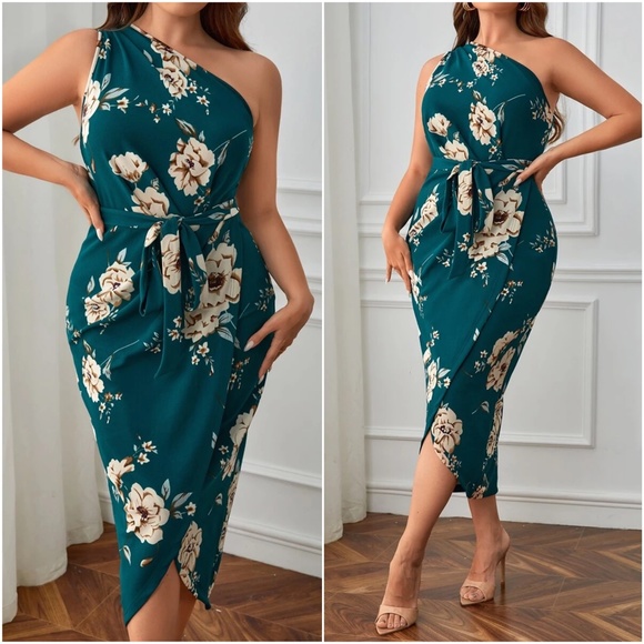 Dresses & Skirts - Plus Luxe Floral Print One Shoulder Belted Evening Party Dress